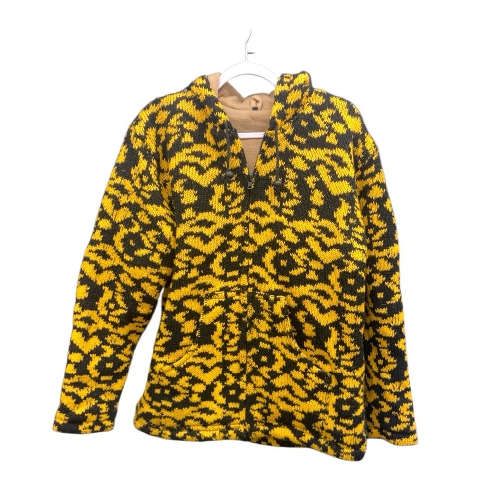 Yellow and Black Patterned Jacket with hoodie 100 % Wool UNIQUE - Picture 3 of 13